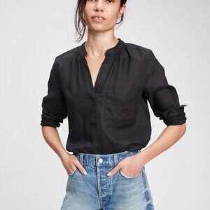 Gap Linen Popover Pocket Long Sleeve Shirt True Black Size Small